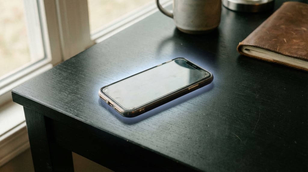 A smartphone face-down on a matte black table, screen glow casting a faint cool reflection upward (dgqt6bxg)