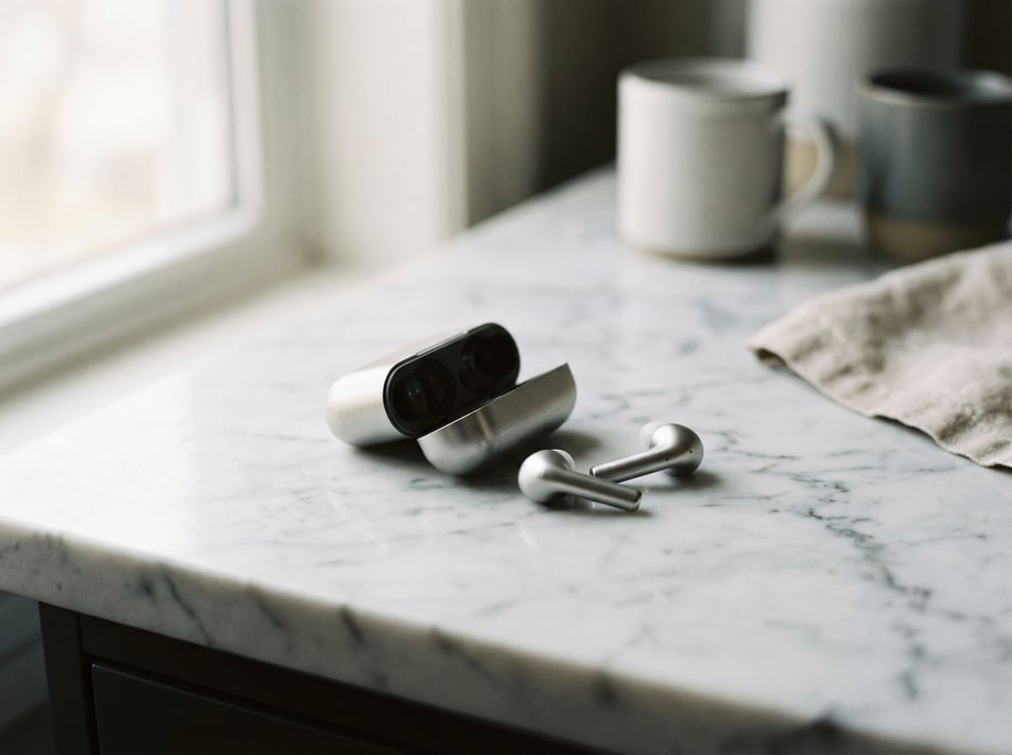 Earbuds spilling from their case onto a marble surface, morning light catching the metallic finish (brnx8qcp)