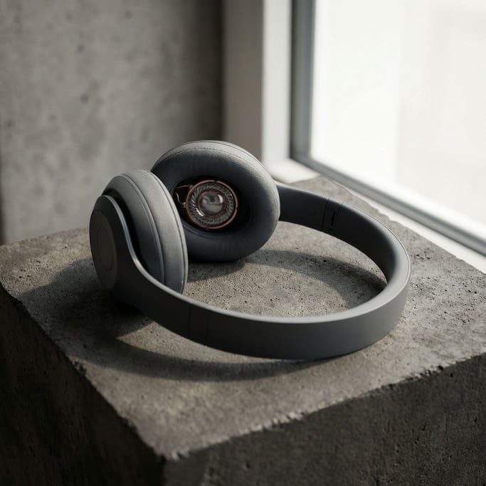 Wireless headphones resting on a dark concrete surface, one ear cup tilted (zxk2rtm)
