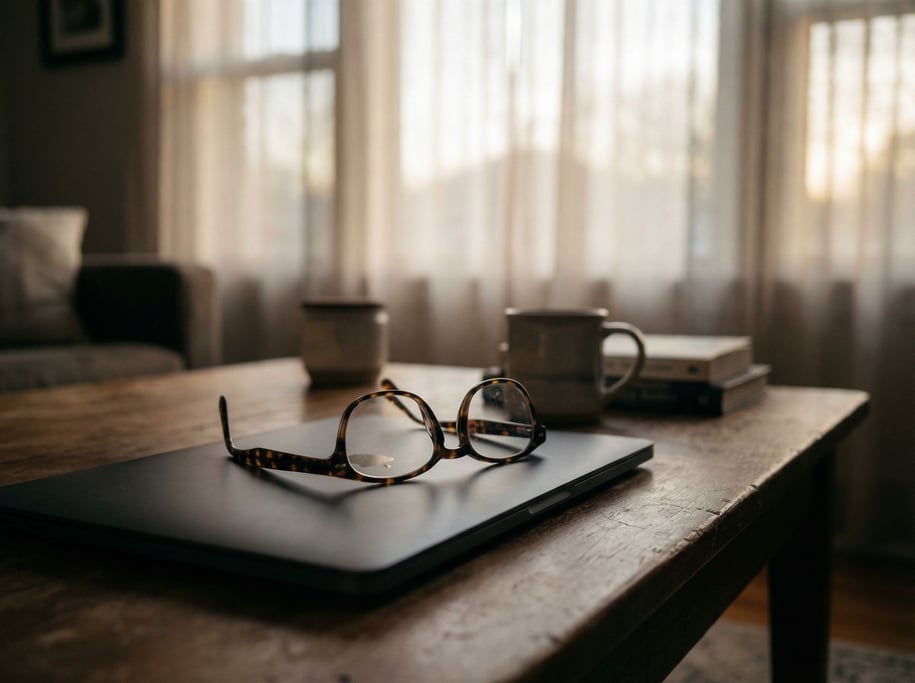 A pair of reading glasses resting on a closed laptop, late afternoon window light (f)