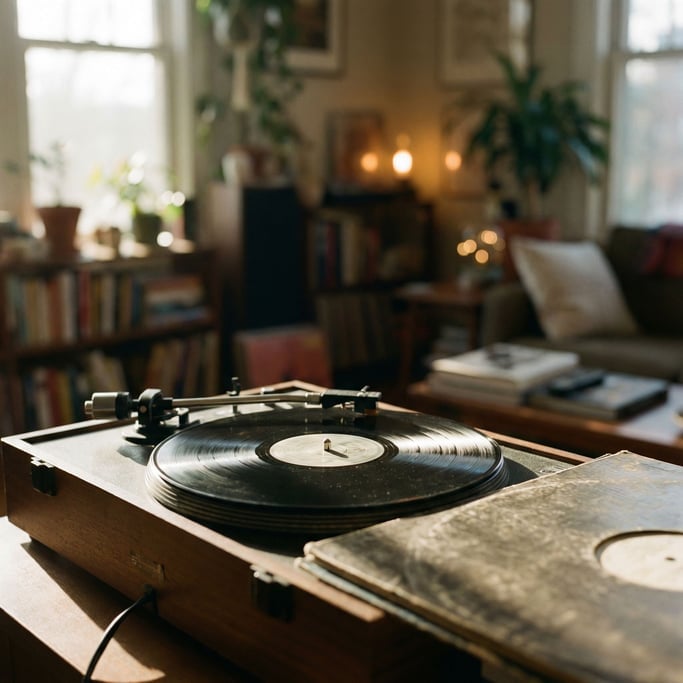 A record player with vinyl spinning, needle in the groove, soft bokeh from behind (mq)