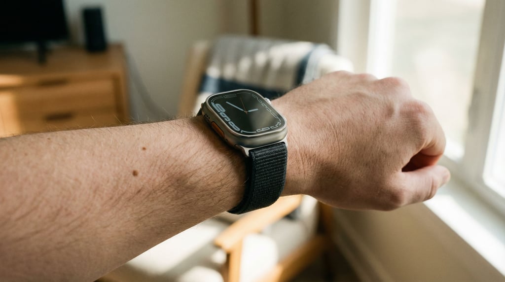 A smartwatch on a bare wrist, natural light, skin texture visible, intimate and personal