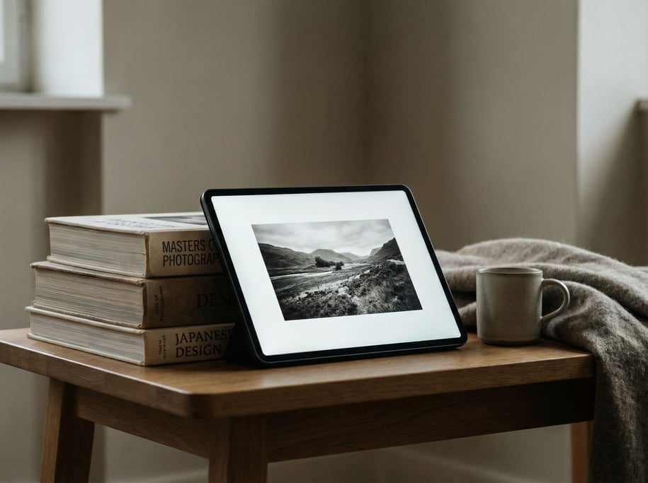 A tablet propped against a stack of art books, displaying a black and white photograph