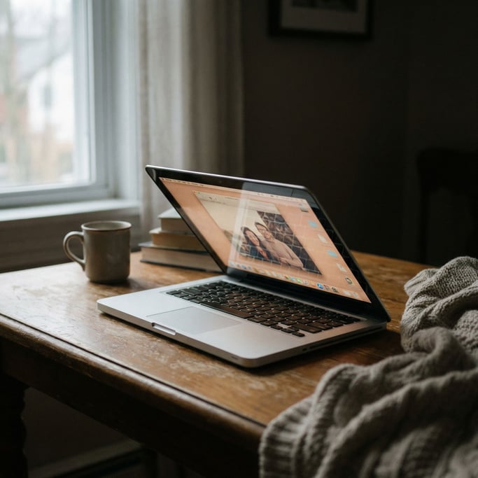 A laptop half-open in a dim room, screen light cutting through the darkness softly (6oudnk)