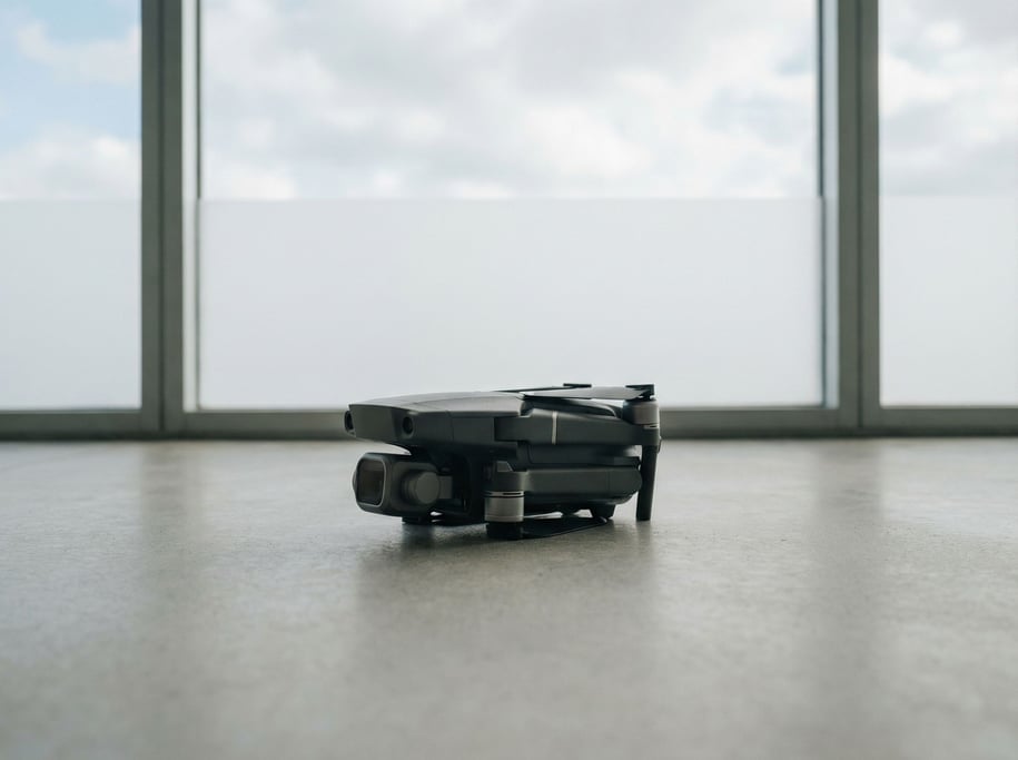 A drone folded on a clean concrete surface, propellers tucked, diffused light from above (19iupv5)