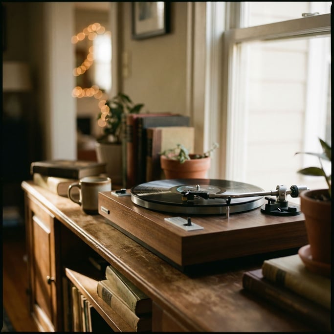 A record player with vinyl spinning, needle in the groove, soft bokeh from behind