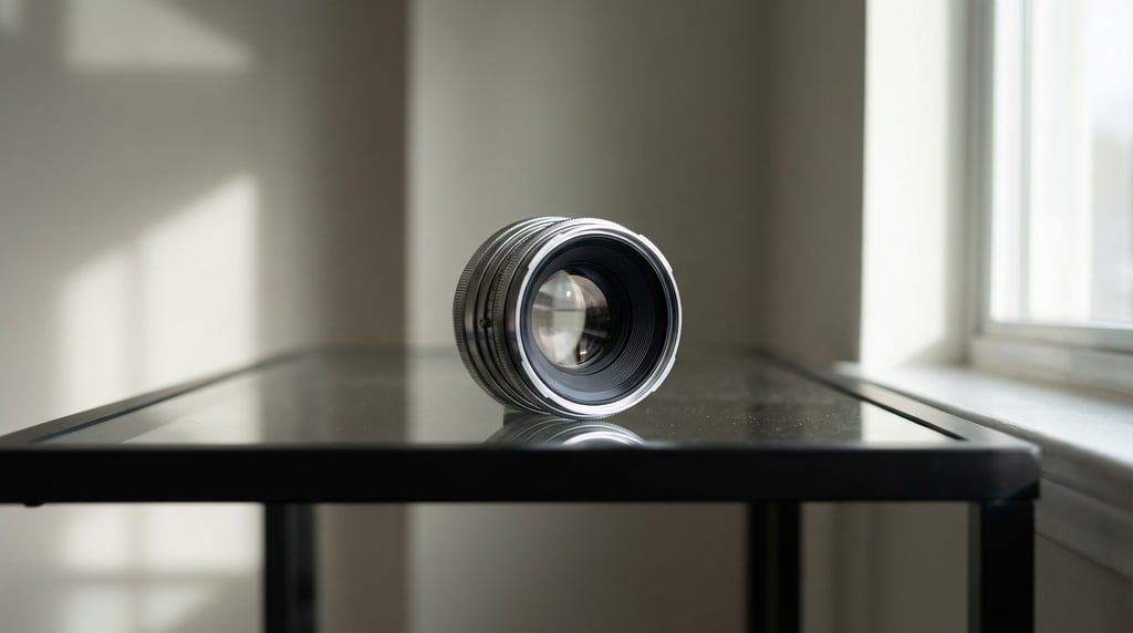 A camera lens standing upright on a reflective surface, internal elements visible through glass