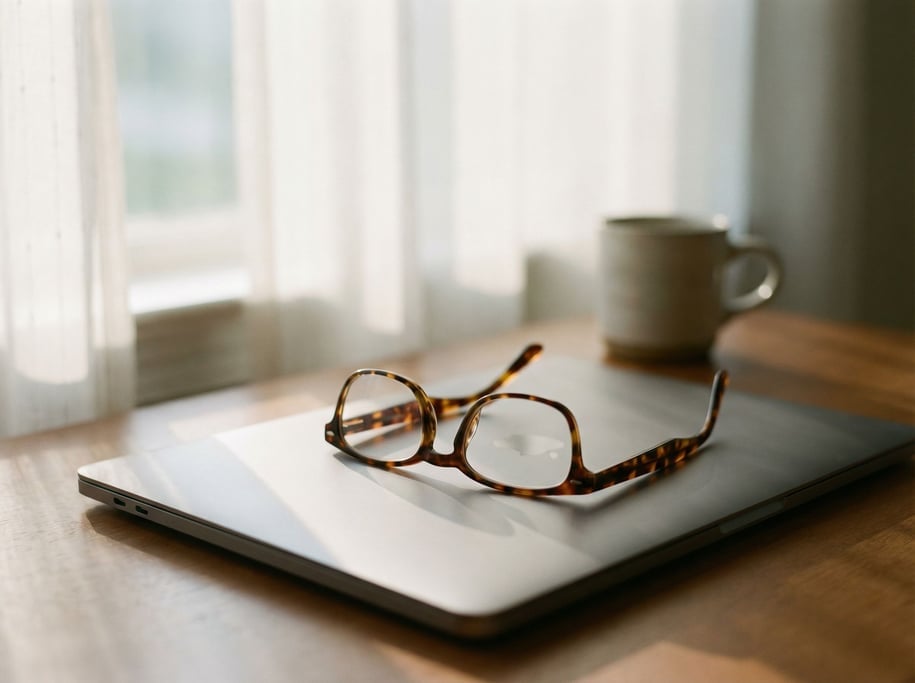 A pair of reading glasses resting on a closed laptop, late afternoon window light (qnl0hyk)