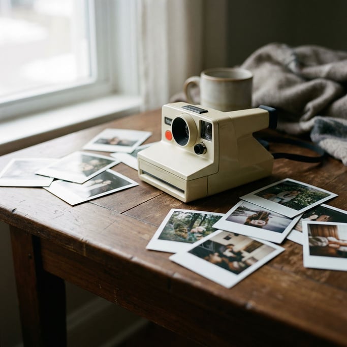 Polaroid photos scattered around an instant camera on a dark wood surface (xjxkw)
