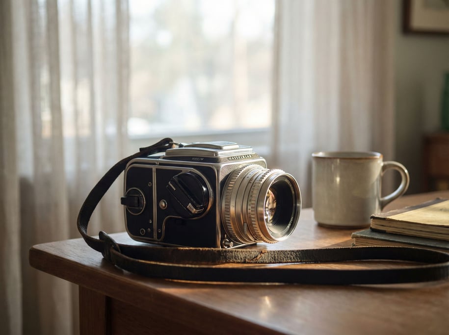 A Hasselblad medium format camera body on a leather strap, chrome details catching window light (sh95plly)