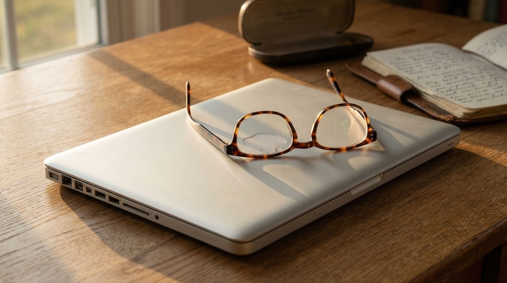 A pair of reading glasses resting on a closed laptop, late afternoon window light (tagfbqnv)