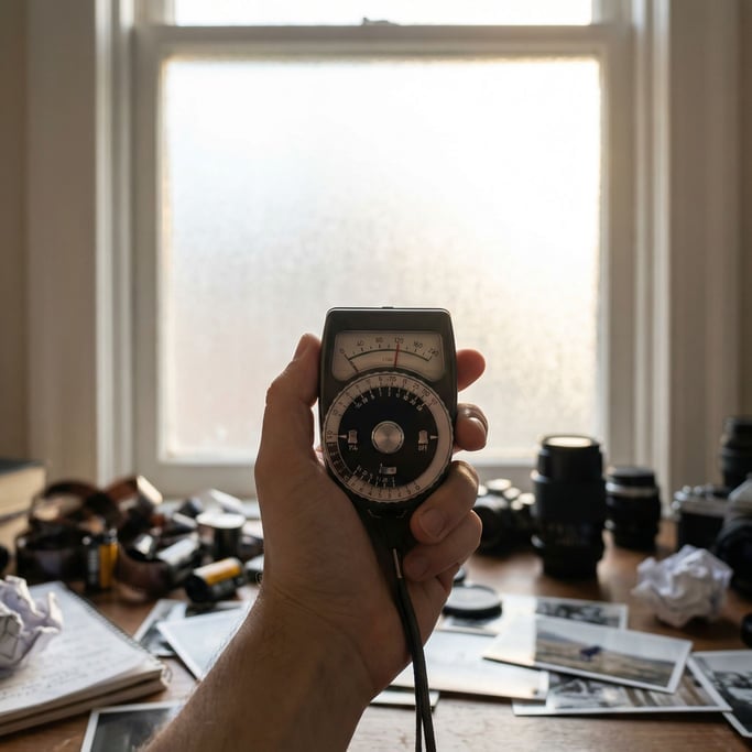 A light meter held up to a window, analog needle mid-swing, photographer's hand in frame (xwhqejz6)