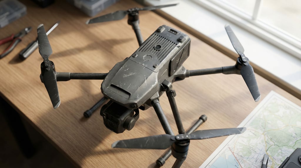A drone mid-flight against an overcast sky, propellers blurred, body sharp, shot from below (0qh6qjv6)