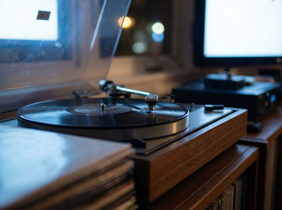 A record player with vinyl spinning, needle in the groove, soft bokeh from behind (rged7qxl)