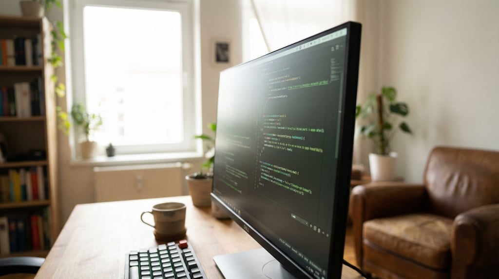 A monitor displaying code, shot from the side at an angle, ambient room light (t4tuow48)