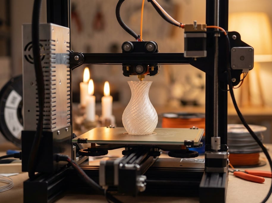 A 3D printer mid-print, filament extruding layer by layer, the object half-formed, macro detail (q4)