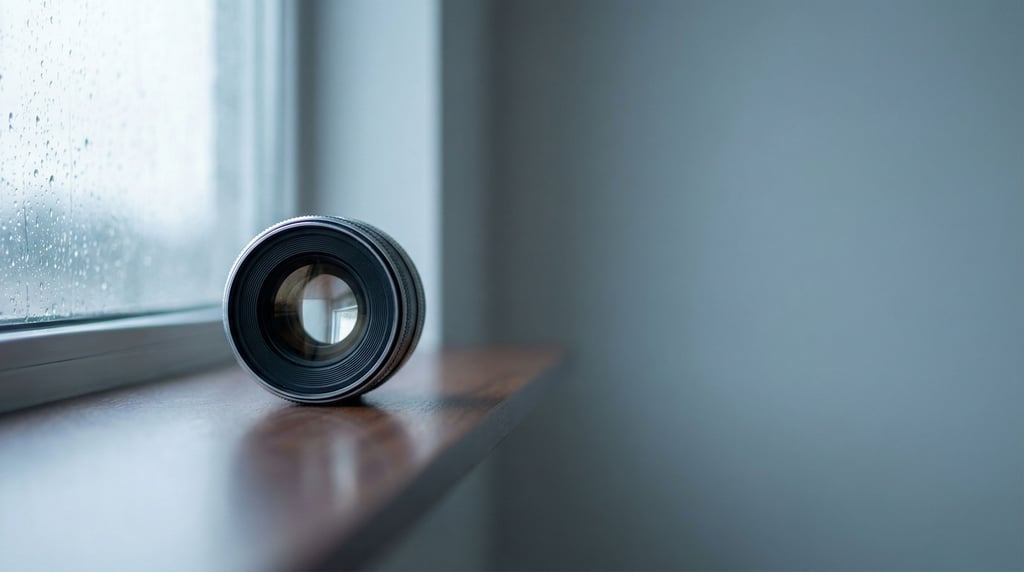 A camera lens standing upright on a reflective surface, internal elements visible through glass (pkxu3jda)