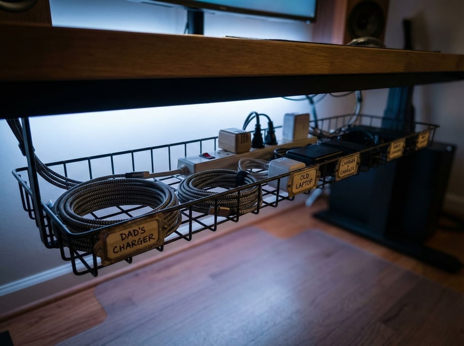 A cable management tray under a desk, neatly organized power strips and adapters, satisfying order (iebx0zol)