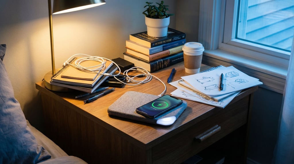A wireless charging pad with a phone resting on it, soft LED indicator glowing, nightstand setting (ewsielyk)