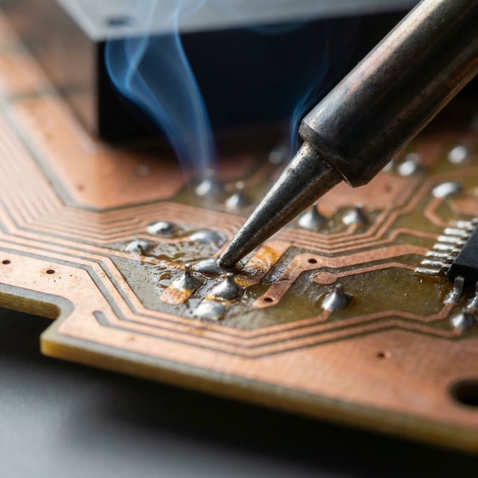 A soldering iron tip touching a circuit board, thin smoke curling up, macro detail on the joint (vdppjd0s)