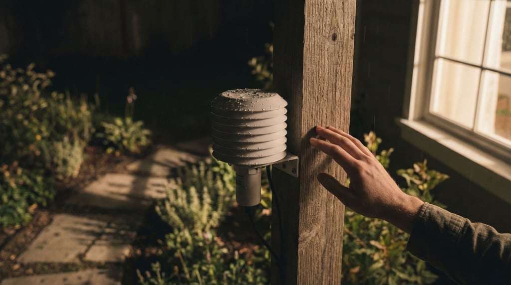 A weather station sensor mounted on a wooden post, rain droplets on the housing, garden setting (tonzvdzi)
