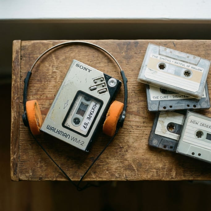 A vintage Walkman with foam headphones on a wooden shelf next to cassette tapes (kxltdtdi)