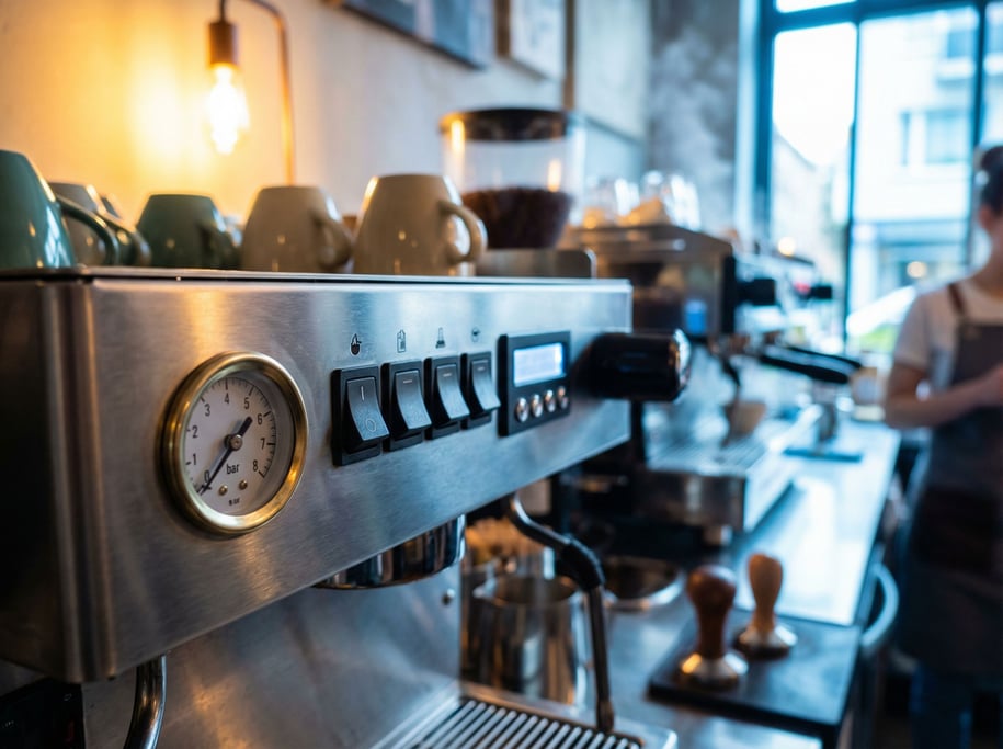An espresso machine control panel in brushed steel, pressure gauge and switches (4qdp7fsm)