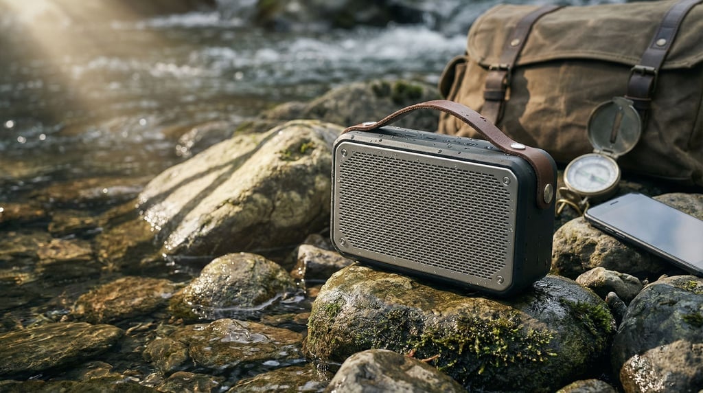 A portable Bluetooth speaker on wet river rocks beside a stream, outdoor ambient light