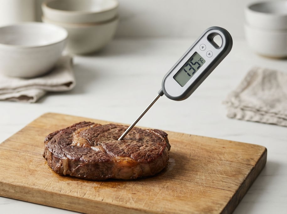 An instant-read thermometer stuck in a steak on a cutting board, kitchen tech meets analog craft (1a)