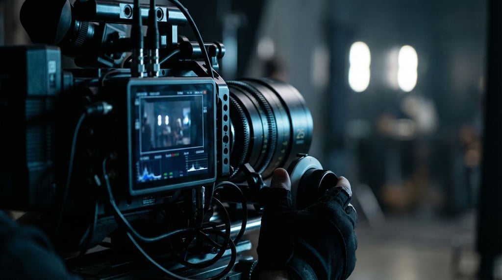 An anamorphic cinema lens on a camera rig, oval bokeh visible in the background, film set (qkzgdqf)