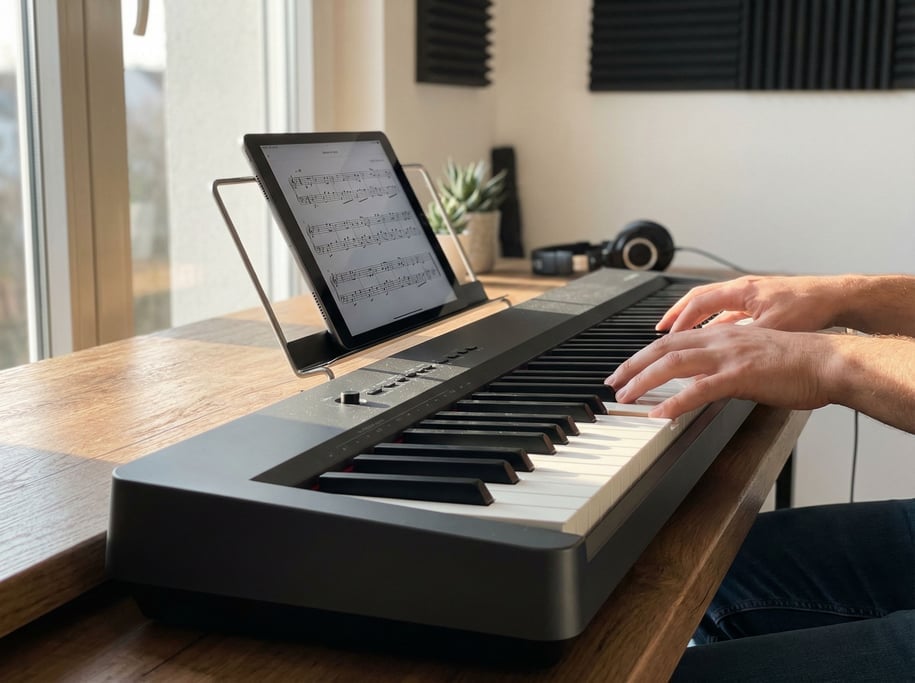 A digital piano keyboard, fingers mid-chord, sheet music on the tablet above, home studio (umzog2hn)