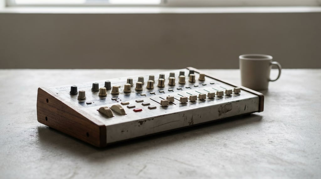 A MIDI controller with knobs and sliders, soft overhead light revealing surface wear (hch2n2vy)