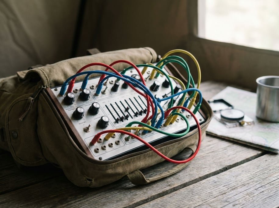 An analog synthesizer with patch cables tangled like colored vines, knobs and switches in macro (rstd4gli)
