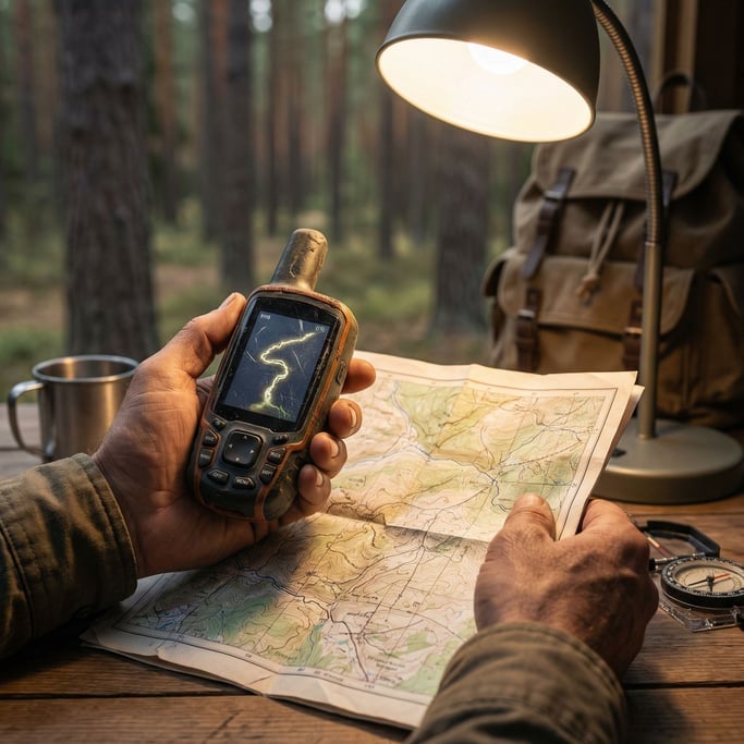A handheld GPS unit on a topographic map, forest setting, explorer's hands holding both (y5wbyt1s)
