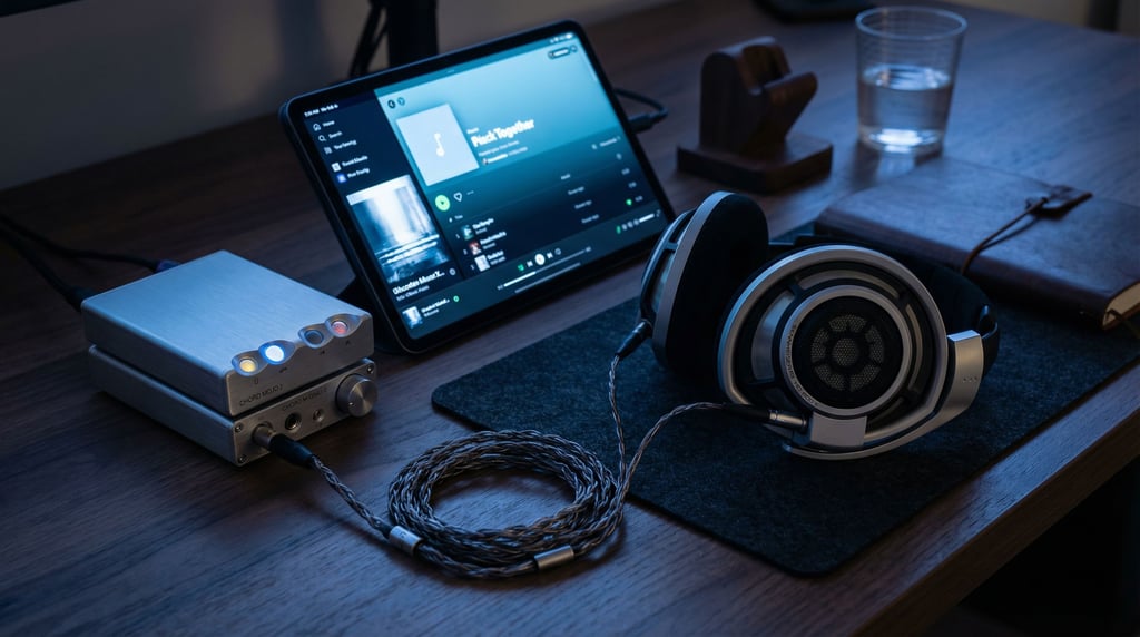 A portable DAC/amp stack connected to high-end earphones, audiophile desktop setup (fgthi72m)