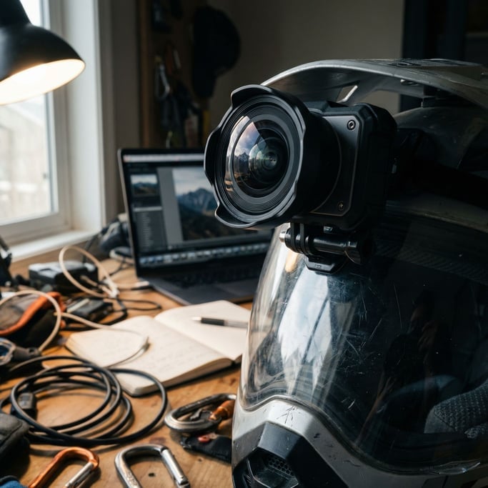 An action camera mounted on a helmet visor, reflection of mountains in the lens, adventure context (ar)