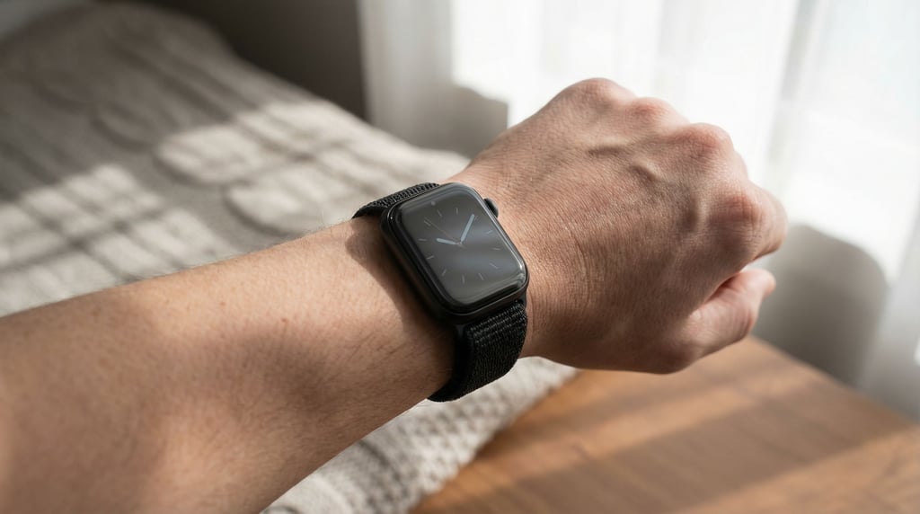 A smartwatch on a bare wrist, natural light, skin texture visible, intimate and personal (khe5alxz)