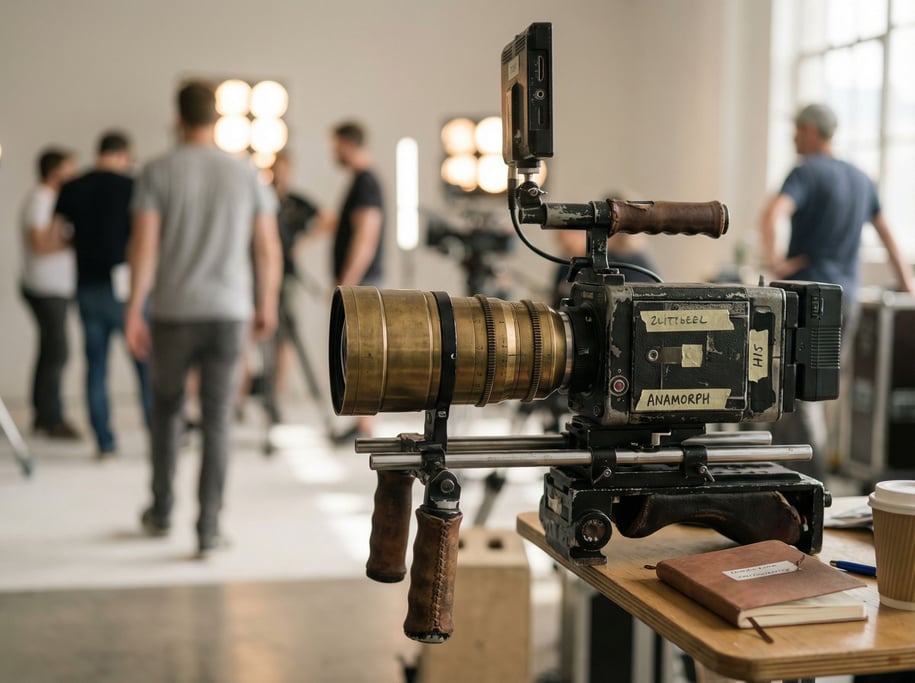 An anamorphic cinema lens on a camera rig, oval bokeh visible in the background, film set (brggsiuh)