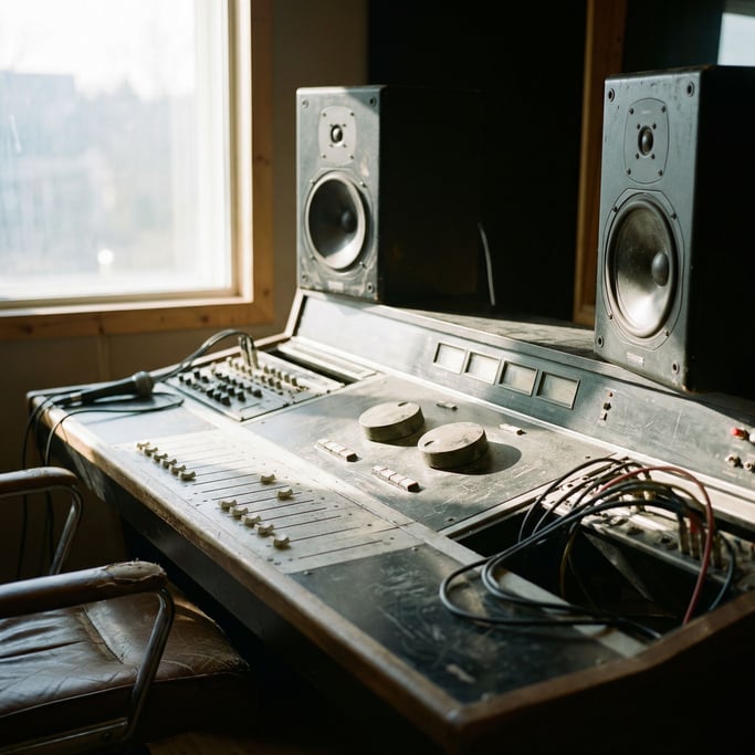 A pair of studio monitor speakers flanking a mixing desk, volume knobs in sharp focus (hstb0bac)