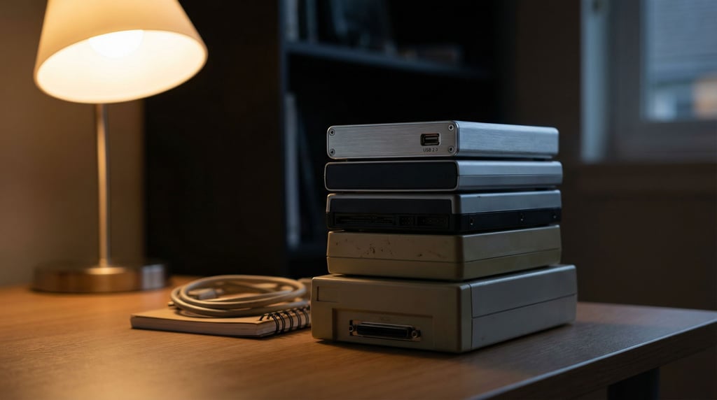 A stack of external hard drives on a desk, each a different era of design, technology archaeology