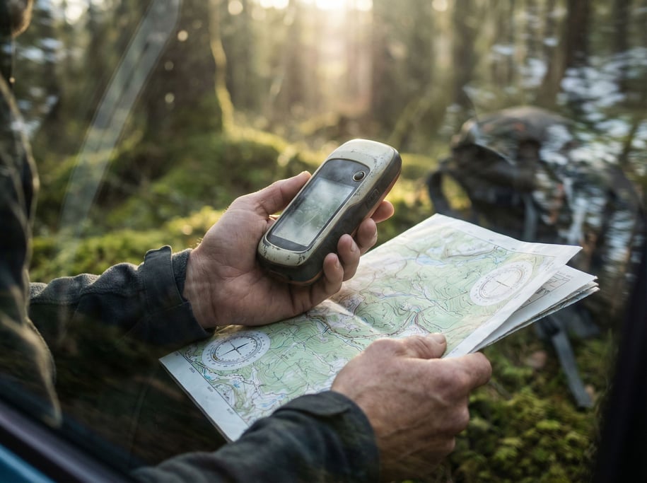 A handheld GPS unit on a topographic map, forest setting, explorer's hands holding both (cqjbrcdz)