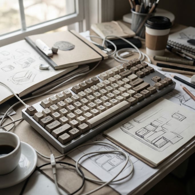 A mechanical keyboard with custom keycaps, macro view showing surface texture and legends (8v3fyfqn)