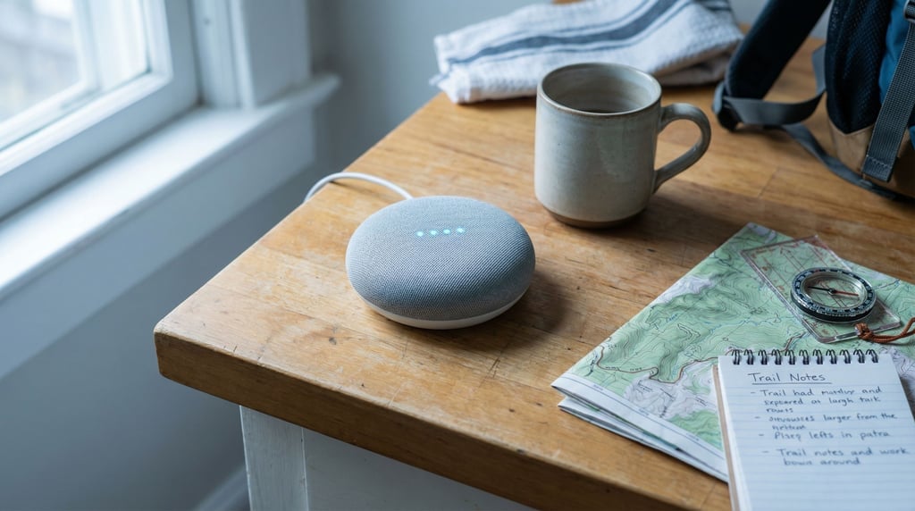 A smart home hub on a kitchen counter, status lights pulsing, integrated into daily life (tgbdjowc)