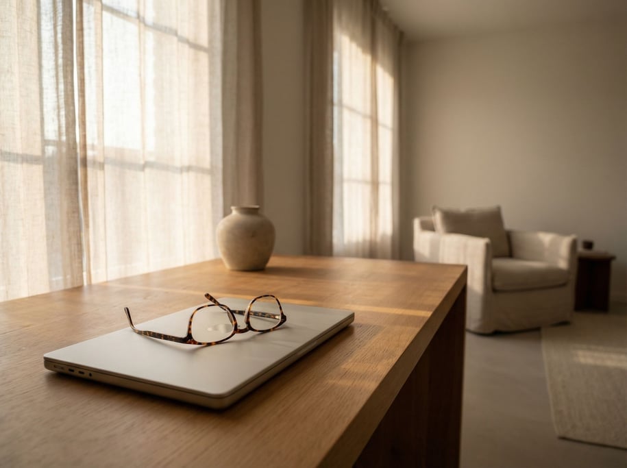 A pair of reading glasses resting on a closed laptop, late afternoon window light (qqp4asu)