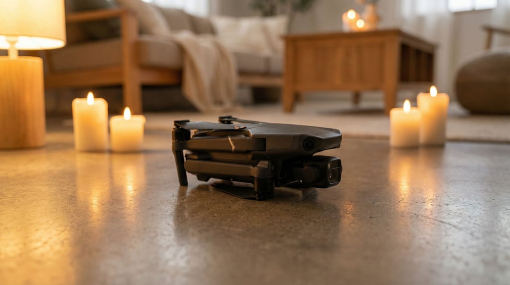 A drone folded on a clean concrete surface, propellers tucked, diffused light from above
