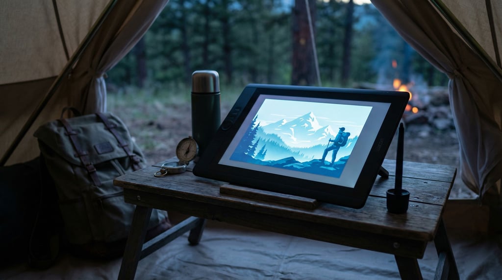 A graphics tablet and stylus on a designer's desk, screen showing digital illustration in progress (5kenh4up)