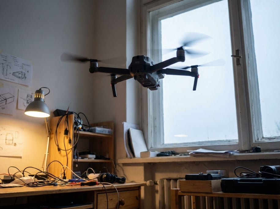 A drone mid-flight against an overcast sky, propellers blurred, body sharp, shot from below (tavcx8um)