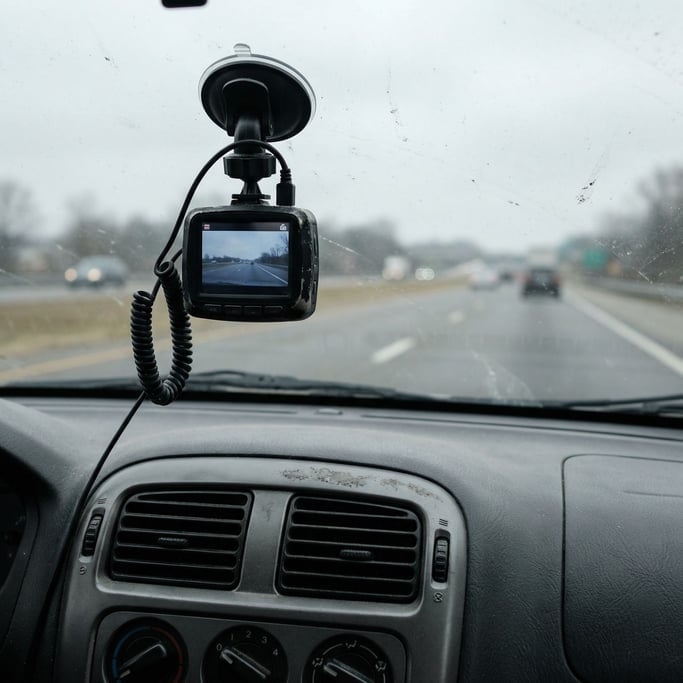 A dash cam mounted on a windshield, highway stretching ahead, dashboard details in foreground (v8j0zfd9)