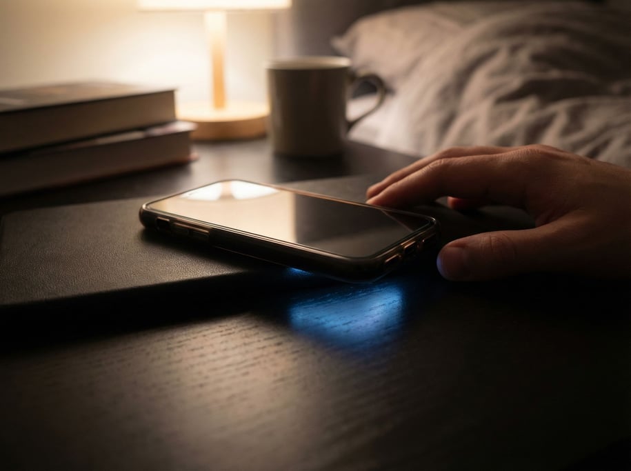 A smartphone face-down on a matte black table, screen glow casting a faint cool reflection upward (qldzau9f)