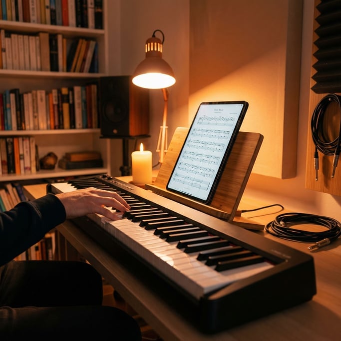 A digital piano keyboard, fingers mid-chord, sheet music on the tablet above, home studio (bdgxj6iz)